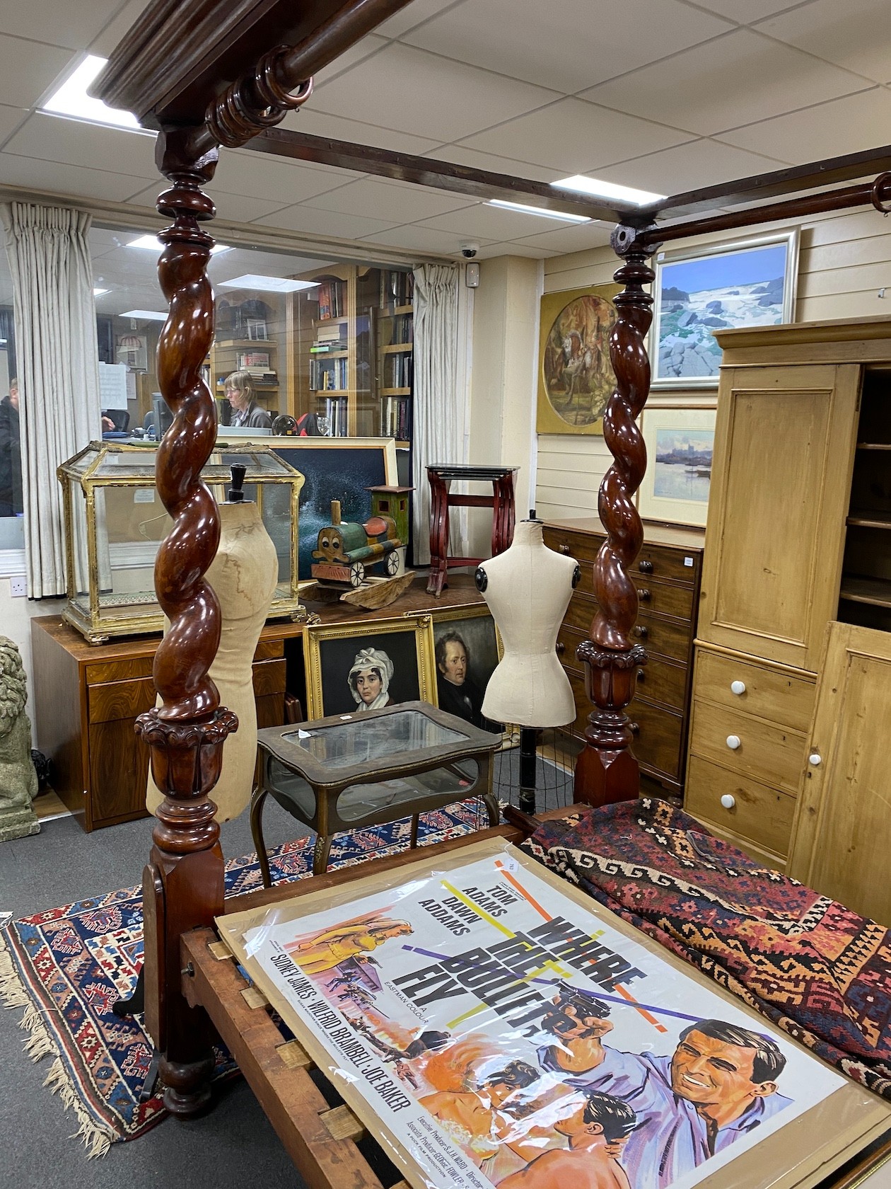 A Victorian and later mahogany four poster bedframe, width 147cm, length 200cm, height 236cm